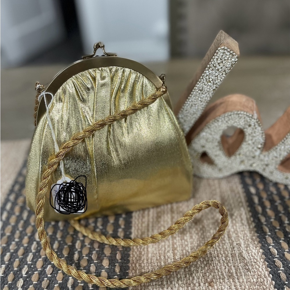 VTG 50's H L (Harry Levine) Mini Evening Gold Lame Handbag Shoulder Bag w/Amber - Picture 7 of 8